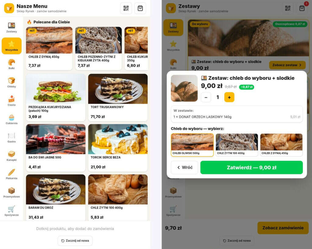 Kiosk samoobsługowy DalmaPOS – menu z polecanymi produktami piekarni oraz konfigurator zestawu z wyborem chleba